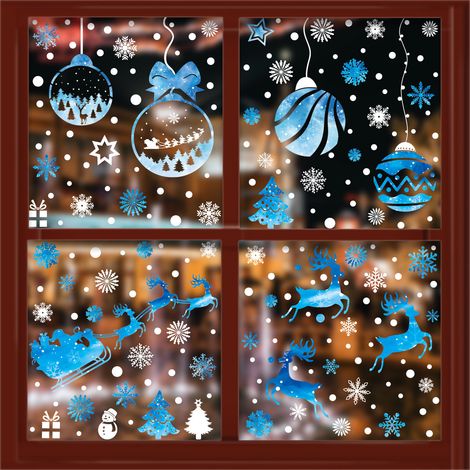 Autocollants décoratifs d'électricité statique pour Noël, ornements en verre pour sapin de Noël avec rennes bleus, autocollants en verre à effet statique - [Ensemble de quatre styles] 400-402+408 -