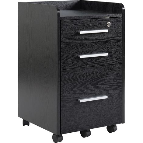 Caisson de bureau à roulettes 3 tiroirs dont 1 verrouillable, 1 classeur à dossiers, bois noir, rangement pour espace travail. (1/5)