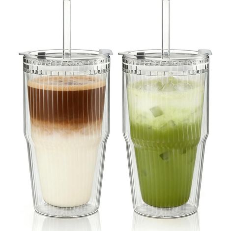 Verres double paroi 480ml avec couvercle & paille, lot de 2, côtelé