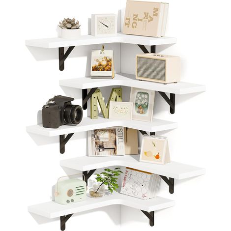 Set 5 Mensole Angolari a Parete in Legno Bianco Mensola Scaffale Angolo da Muro