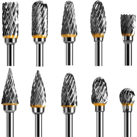 Jeu de Fraises Rotatives Acier Carbure de Tungstène Double Tranchant pour Outil rotatif, 10 piezas de vástago de 1/8 de pulgada para herramienta rotativa para tallar carpintería, pulir metales, grabar (1/5)