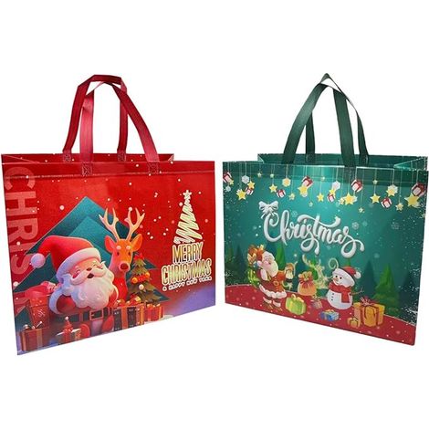 Lot de 2 grands sacs de Noël réutilisables avec poignée en tissu non tissé, sac de courses pliable et étanche pour friandises de Noël (1/5)