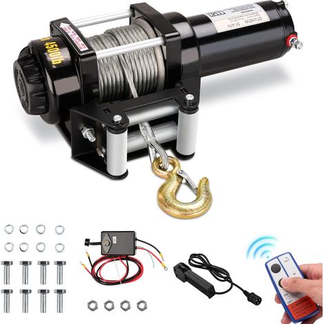 12 V elektrische Seilwinde, Zugkraft bis zu 4500 LB/2041 kg, 10 m Stahlkabel, schwarz, kabellose ferngesteuerte synthetische Seilwinden