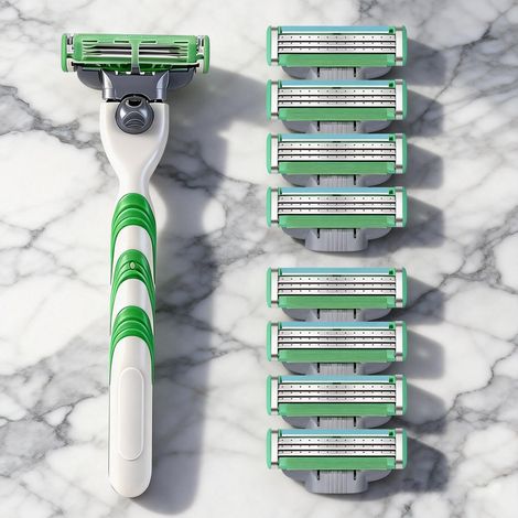 Rasoir manuel 3 lames verte – adaptable toutes barbes et peaux – kit complet (1 manche + 8 têtes de rechange) (1/5)