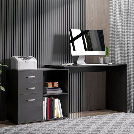 Bureau PC d’angle avec 2 tiroirs et étagères ouvertes - 117x83,5x76 cm - bureau d’angle en forme de L en bois et métal - noir (1/4)
