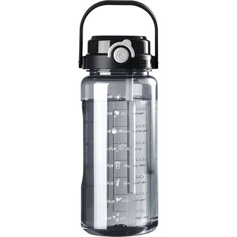 Bouteille d'eau en plastique avec paille, grande bouteille d'eau de 2 L avec indicateur de temps pour boire (noire) (1/5)