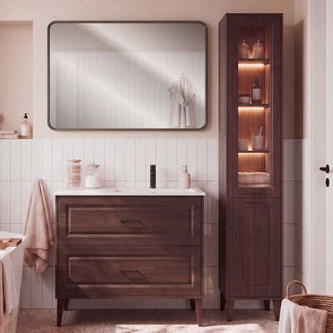 Conjunto mueble lavabo empotrado simple derecho 100cm y columna Moka Madera oscura (1/4)