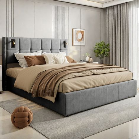 Lit double pour adulte 140 x 200 cm avec lampes de chevet–Lit coffre rembourré 140 x 200 cm–Velours gris–Sommier à lattes–Style scandinave