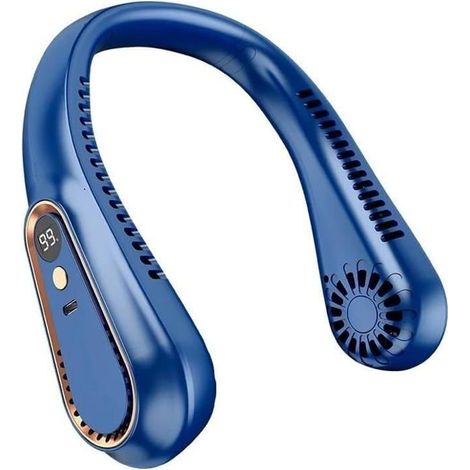 Ventilateur de cou sans fil - Belle commode - Rechargeable USB - Sans pales - Affichage numérique - 5 vitesses - Bleu (1/5)