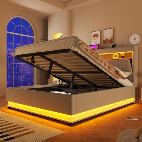 Lit rembourré 140x200, sommier hydraulique avec recharge USB-C, LED intégrée, coffre rabattable, sans matelas, télécommande tactile ou appli, lin beige (1/5)