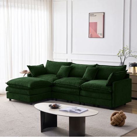 Ecksofa Chenille Grün, 3-Sitzer mit Hocker, modulares L-Sofa mit abziehbaren Bezügen (1/5)
