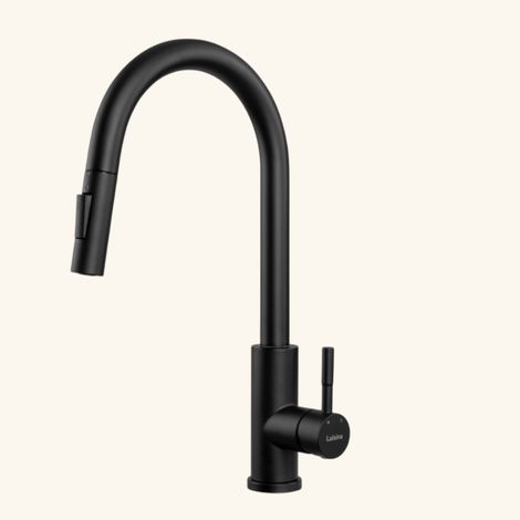 Robinet de cuisine noir mat – Douchette extractible double jet – Bec col de cygne – Hauteur sous bec 204mm – Inox massif AISI 304 – Luisina (1/4)