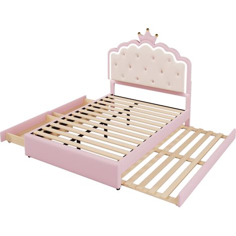 Letto bambini imbottito 140 x 200 cm con rete, LED, letto estraibile e 2 cassetti, PU rosa (1/5)