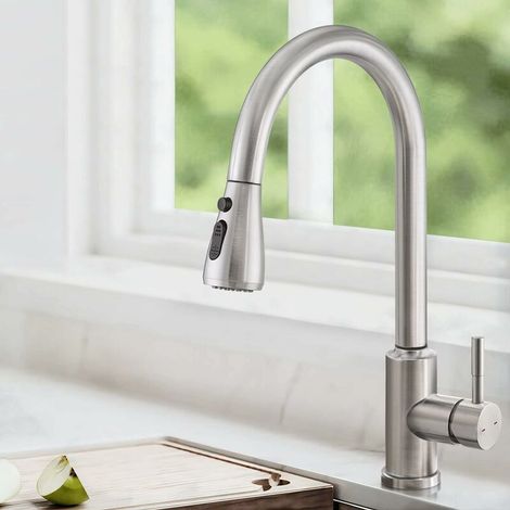 360° Rotating Pull Out Kitchen Faucet, 3 Spray Modes Kitchen Mixer Tap, 304 Stainless Steel Sink Faucet, Brushed Nickel (1/5)