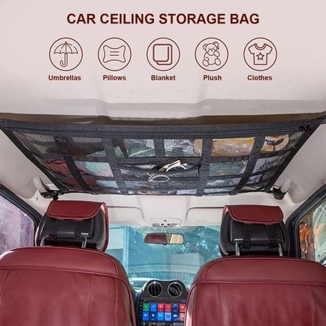 Filet de Rangement pour Toit Voiture, Voiture Organiseur Sac, pour Toit de Voiture Intérieur Filet Élastique (25,5 35,5 Pouces) (1/5)