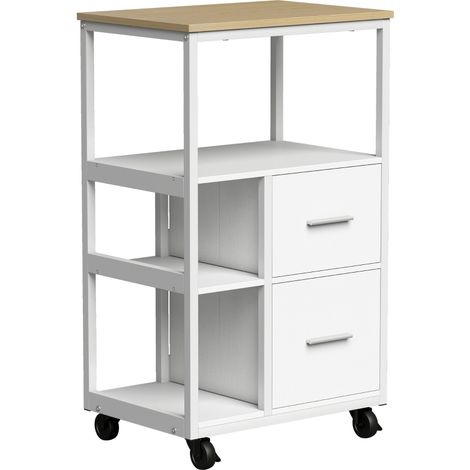 Chariot de cuisine blanc sur roulettes avec 2 tiroirs, bac de rangement ouvert et 2 roues freinables, meuble mobile pour ranger ustensiles dans votre cuisine (1/5)