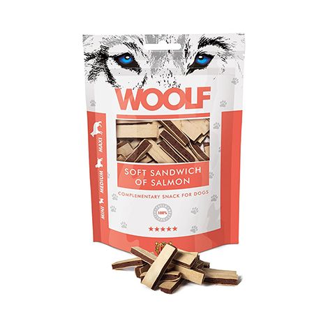 Panino per biscotti per cani Woolf al salmone, taglia mini, media e maxi, 100 g
