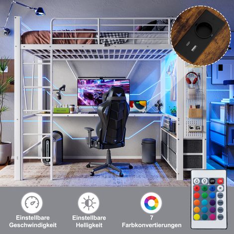 Lit mezzanine 90 x 200 cm, cadre en fer avec bureau, barre de suspension, étagères, 4 tiroirs, prise USB + TYPE-C, bande LED, garde-corps, échelle, panneau perforé, sans matelas, blanc (1/5)