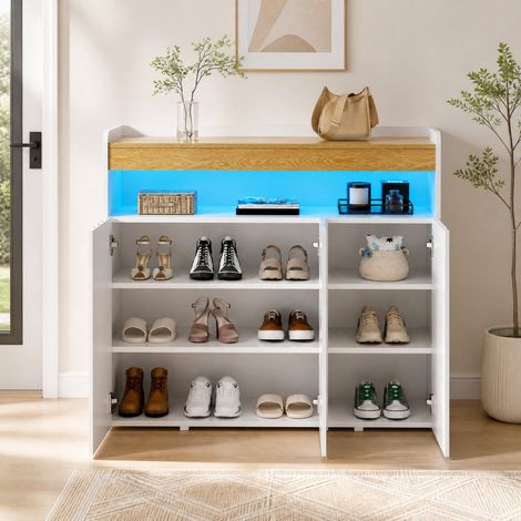 Meuble chaussures avec LED, 3 portes, étagères réglables, blanc et naturel OKMYHOME (1/5)