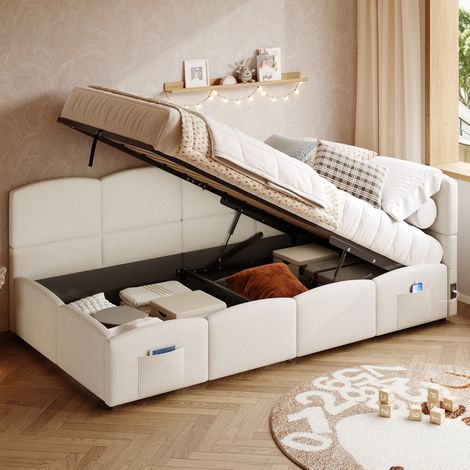 Sofá cama (90x200 cm), con almacenaje hidráulico, puertos USB A y C, tejido bouclé beige (1/5)