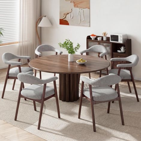 Lot de 6 chaises de Salle à Manger avec accoudoirs, Chaise rembourrée en Tissu Dossier incurvé et Pieds en Bois, Style Moderne des années 50 pour Cuisine et Salle à Manger, Gris Clair (1/5)