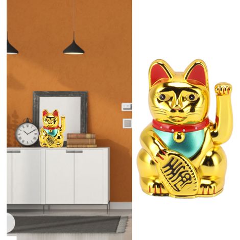 Goldene Glückskatzenfigur mit winkenden Pfoten, zum Aufstellen auf einem Schreibtisch. (1/5)