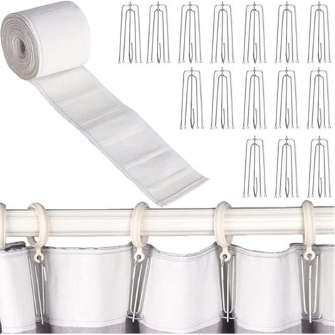 Set di nastro per pieghe per tende con 15 ganci (6 m x 8 cm, bianco), nastro di rinforzo superiore per la riparazione delle tende. (1/5)