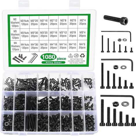 Set di 1080 viti, viti a testa cilindrica con esagono incassato M2, M3, M4, dadi e rondelle, realizzate in acciaio legato nero. (1/4)