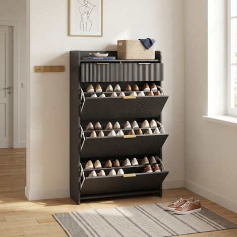 Schuhschrank, 3 Klappen 2 Schubladen, große Kapazität, elegante Rillenfront für Flur, moderner Skandi-Stil(77.1x24.2x133.5cm, Schwarz) (1/5)