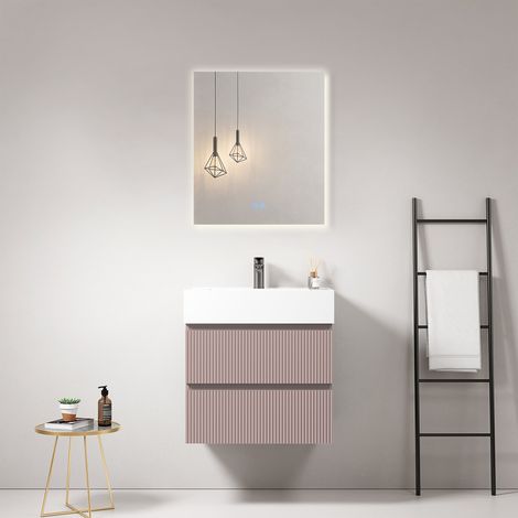 Mobile bagno sospeso cannettato 60 cm Rosa Retro Lavabo in Resina Specchio Quadro Retroilluminato - Fiji Paint (1/4)