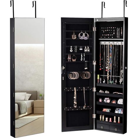 COSTWAY LED Iluminación Armario con Espejo para Joyas Espejo Joyero Montado en Pared Negro
