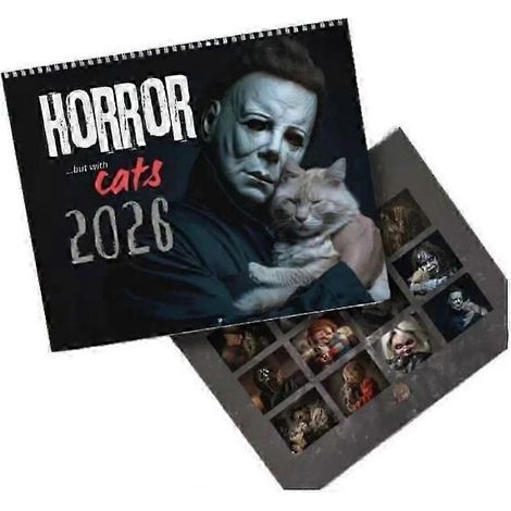 Calendrier mural Halloween 2026 sur le thème des chats et des films d'horreur - 28 x 22 cm - Décoration pour la maison ou le bureau (1/5)