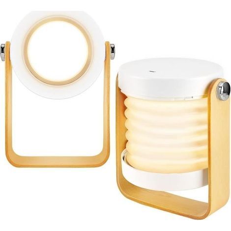 (Weiß) Dimmbare LED-Nachttischlampe mit Touch-Funktion, tragbar, faltbar, mit Holzgriff, 3-fach drehbar [p504] (1/4)