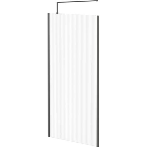 Colore 8mm Fluted Glass Gunmetal Grey 1850mm x 1000mm Walk In Shower Screen including Wall Channel with End Profile and Support Bar (1/5)