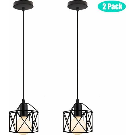 Lot de 2 Suspension Lustre Abat-Jour Industriel Cage Cube Carré Eclairage de Plafond Noir pour Salon Salle à Manger Cuisine Restaurant BLOW (1/4)