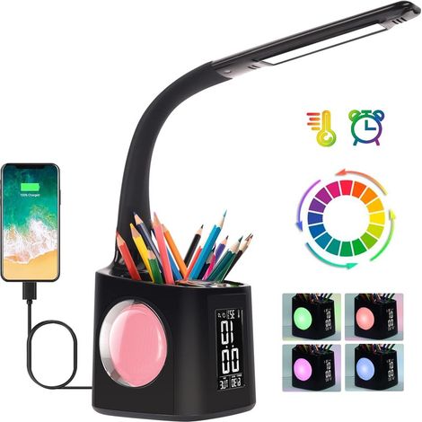 Lampe de bureau pour enfant avec porte-stylo, veilleuse RGB, horloge calendrier, lampe à intensité variable – noire (1/5)