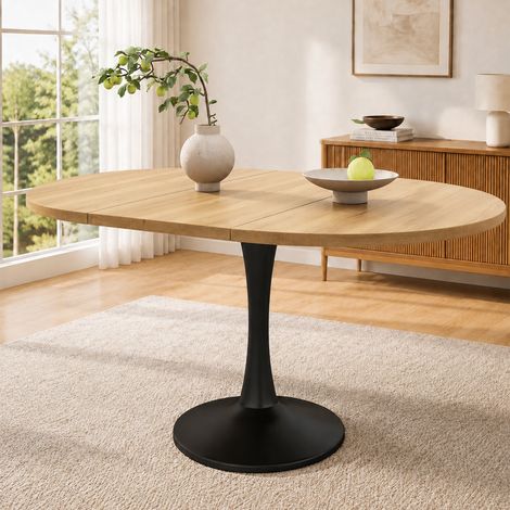 Mesa de comedor extensible, mesa ovalada, mesa de centro/salón, 100/140 cm de largo x 100 cm de ancho x 75 cm de alto, estilo moderno y minimalista, acabado en roble. (1/5)