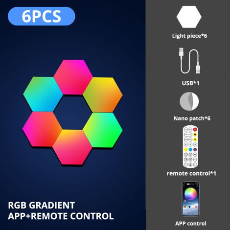 Lampe murale LED RGB Bluetooth Hexagonale Application avec Telecommande Veilleuse pour Salle de jeux Chambre a coucher Decoration de chevet 6 pcs (1/5)