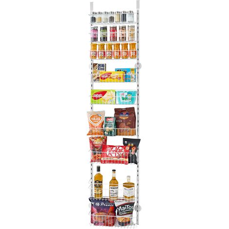 Mophorn Organizzatore per Dispensa Sopra Porta, 9 Ripiani per Stoccaggio, Porta Spezie Sospeso in Acciaio Robusto, Ripiani Regolabili per Condimenti Parete, Bianco