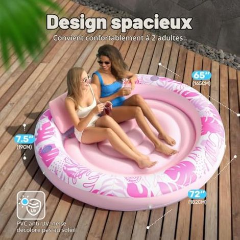 SLOOSH Bouée gonflable 183 x 165 cm pour adulte avec oreiller, grand matelas flottant en tissu luxueux pour bronzage, salon de bronzage, piscine à balles, cadeaux de fête (1/4)
