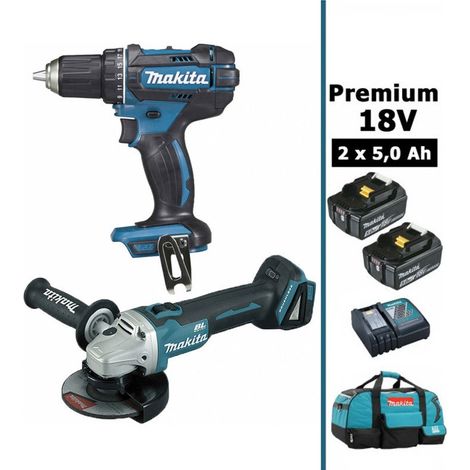 Makita – Pack de 2 outils électroportatifs 18V – Perceuse 62Nm DDF482 – Meuleuse 125mm DGA504 – 2 batteries 5Ah – Sac de transport MAK28720RTX (1/4)