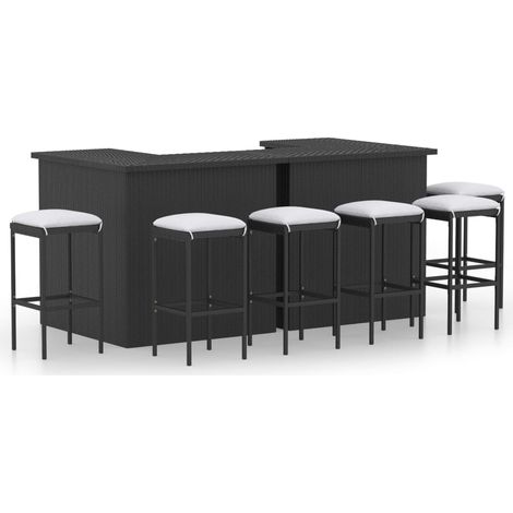 Ensemble 2 Table de bar + 6 Chaises de bar de jardin - 2 Table Haute avec 6 Tabourets avec coussins Résine tressée Noir BV534740 - BonneVie (1/5)