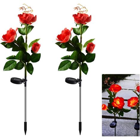 Dos luces decorativas LED solares para jardines, con diseños que simulan rosas (rojas - 3 cabezas de rosa). (1/5)