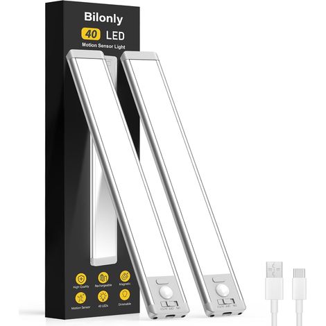 Wireless Rechargeable Kitchen Under Cabinet Cupboard Light – 1800 mAh LED Dimmable Wardrobe Light with Motion Detector for Stairs Dressing – 2 Pack (1/5)