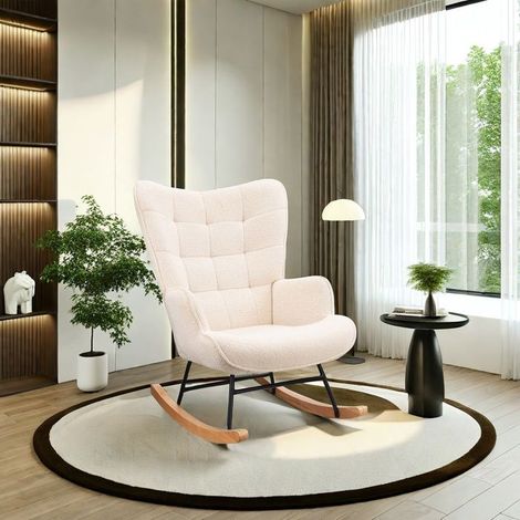 Skandinavischer Teddyvelours Schaukelstuhl in Beige, Massivholz und Metall - 1 Platz, 68×75×92 cm
