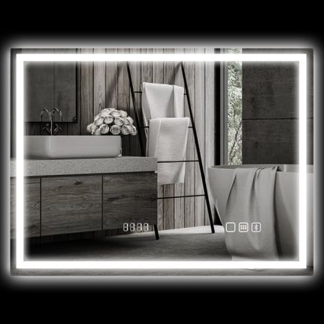 Specchio da bagno LED 80 x 60 cm con illuminazione regolabile (calda/fredda/neutra), funzione antigoccia, orologio digitale integrato, comando touch e lettura Bluetooth – Specchio da parete design arg