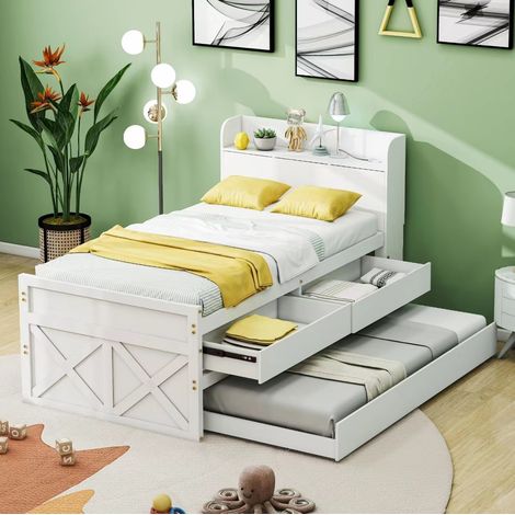 Lit simple 90/190 cm blanc en bois massif avec lit gigogne, 2 tiroirs, chevet de rangement et port USB (1/5)