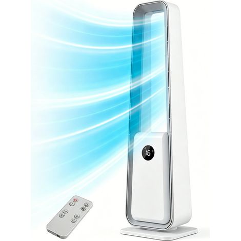 Ventilateur sur pied sans pales – Moteur DC silencieux, 24 vitesses, minuterie 12 h, télécommande, oscillation, affichage LED, 75 cm, blanc (1/5)
