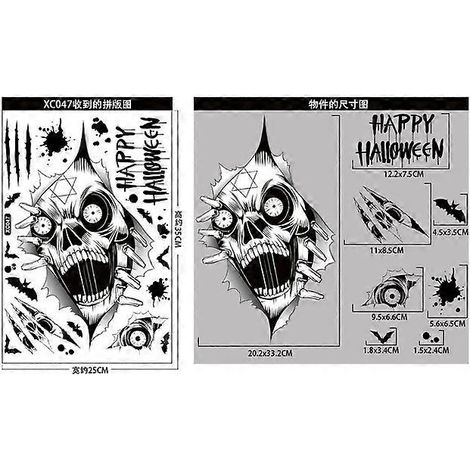 Décoration d'Halloween : Autocollants pour fenêtre squelette et crâne, autocollants fantômes pour le festival, décoration pour fête d'Halloween 2024 (1/5)