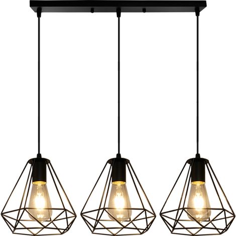 Lampara De Techo Moderno 3 Luces Diamante Lámparas De Colgar Vintage Retro Jaula De Hierro Ø20CM Metal Para Comedor Cocina Sala (Negro)